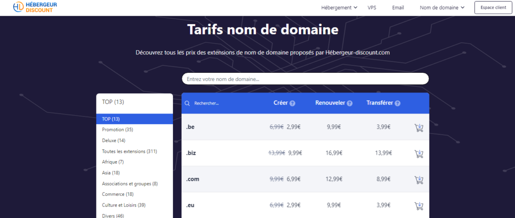 Tarifs nom de domaine